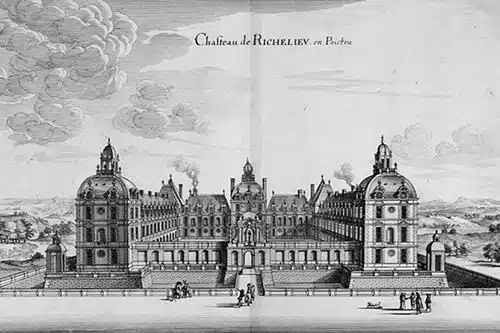 Photo d'une gravure représentant le château de Richelieu disparu après la Révolution française pour illustrer une visiteguidée de la salle des grands format dans le musée des Beaux-Arts d'Orléans dans le Val de Loire, France.  