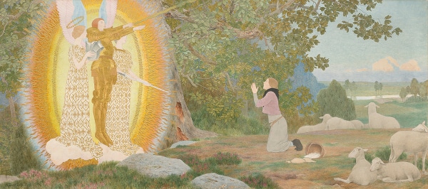 Joan of arc in "The Vision and Inspiration". An oil and gold leaf on canvas by Louis Maurice Boutet de Monvel to illustrate a Joan of Arc guided tour in Orléans