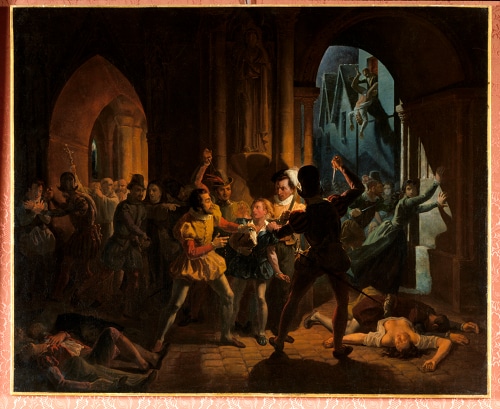 Tableau "Maximilien de Béthune, échappant aux massacres de la Saint-Barthélemy" par Jean Auguste Dubouloz pour illustrer la visite guidée du château de Sully-sur-Loire.