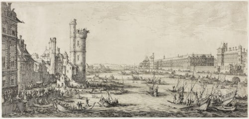 Etching (1660) by  Jacques Callot depicting the Seine River and the Louvre on the right bank during the reign of Louis XIII to illustrate the Louvre Private Tour in Paris, France;