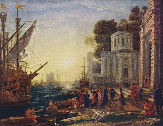 Photo of the painting The Disembarkation of Cleopatra at Tarsus by Claude to illustrate the Louvre 17th century French painting, Paris, France.