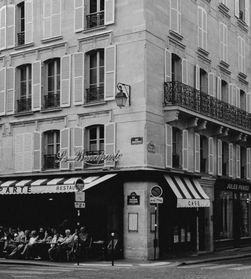 Photo of view of café Le Bonaparte building to illustrate the Saint-Germain-des-Prés Guided Tour, in Paris, France.