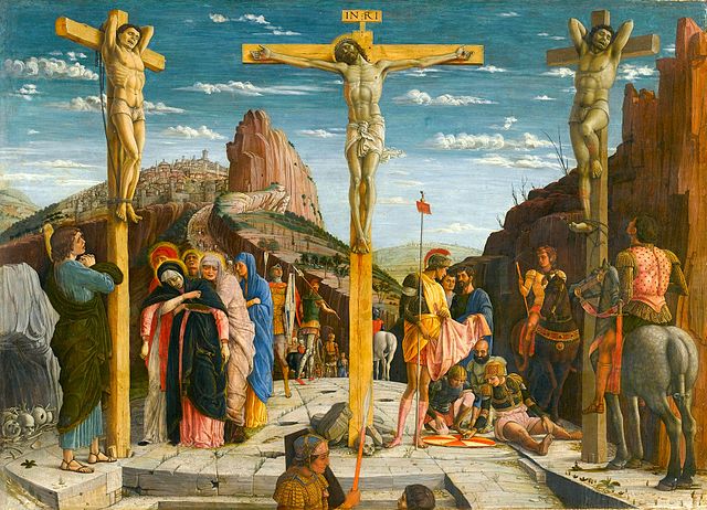 Photo of the Crucifixion by Andrea Mantegna from Predella San Zeno altarpiece Verona to illustrate the Louvre Italian Renaissance Painting private tour, Paris, France.