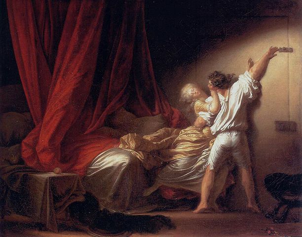 Oil painting, Jean-Honoré Fragonard, Le Verrou to illustrate 18th century French painting tour at the Louvre.