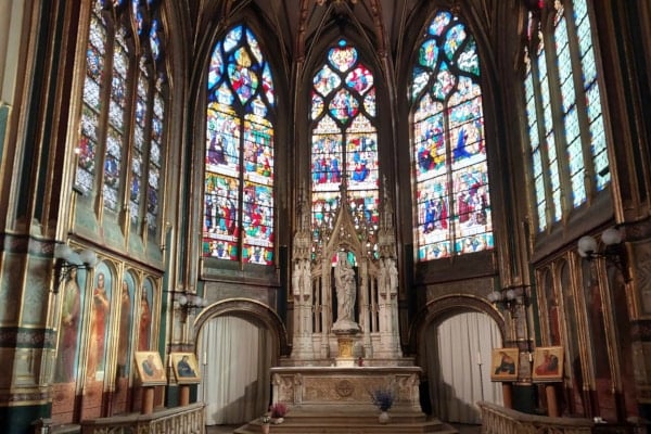 Photo of the white flamboyant gothic choir of Saint-Gervais Saint-Protais church, le Marais, Paris, France.