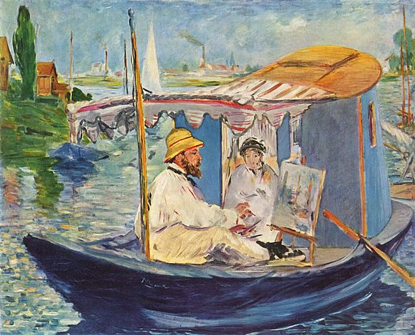 Impressionist art Paris: Claude Monet painting in his studio boat in Argenteuil by Edouard Manet.