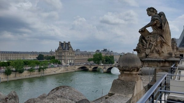 View of the Seine River and the Louvre from the upper terrace of the Orsay Museum Paris France.
