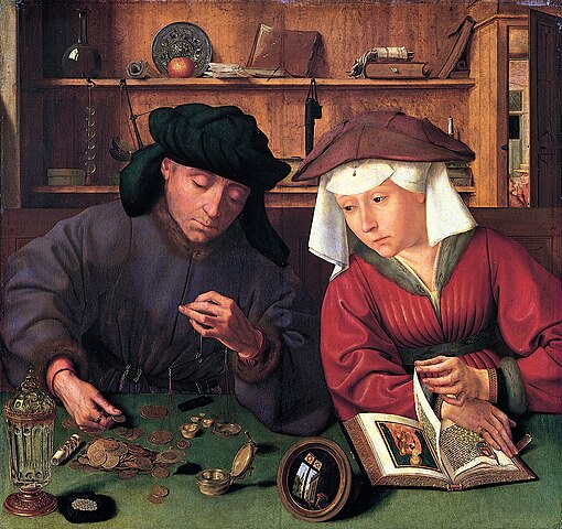 Oil painting representing a man and a woman: Matsys Quentin - The Moneylender and his Wife.