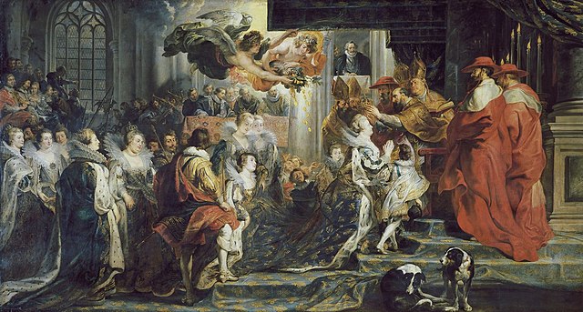 Painting in Baroque styleshowing a Queen coronation ceremony at Saint-Denis with clergy and nobility. This is The Coronation of Marie de' Medici (Rubens, 1625, Louvre) - Queen's coronation ceremony at Saint-Denis with clergy and nobility in Baroque style