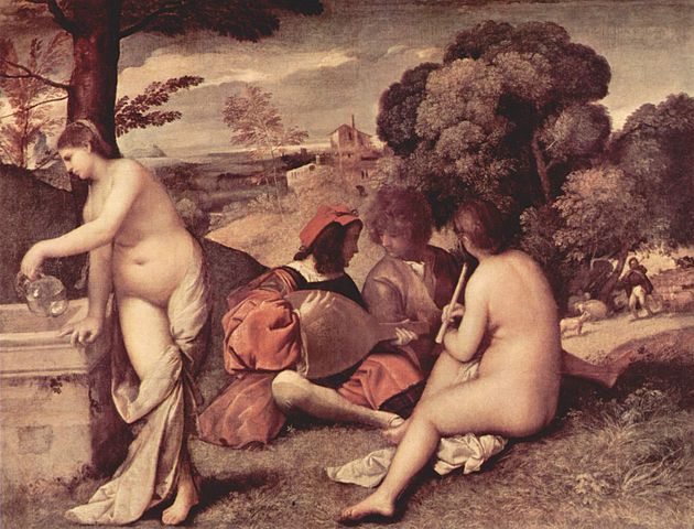 Two men and two nude figures in landscape. This is Titian's Pastoral Concert.