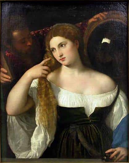 Oil portrait of a woman, a golden-haired lady emerald dress double reflection Venetian art. This Titian's Woman with Mirror Renaissance masterpiece.