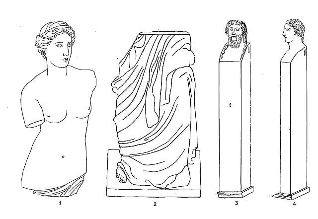 A drawing of a bust and other parts of an Ancient Greece sculpture: the Venus de Milo.