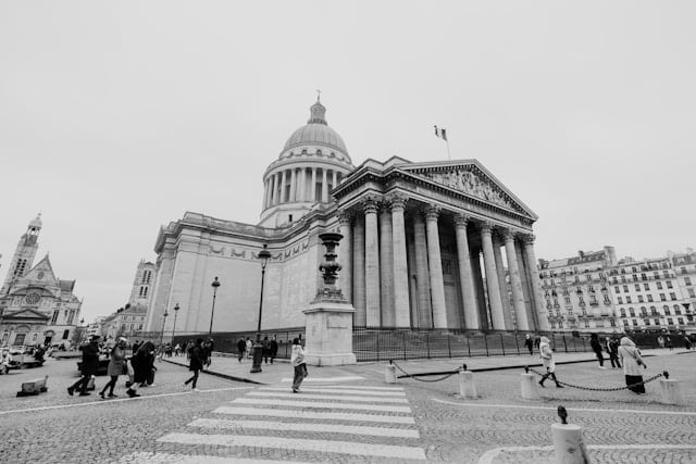 Paris Montmartre street with Sacre Coeur in the background.