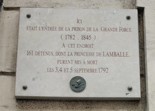 Plaque about the murder of Princess de Lamballe during the September 1792 massacres in the Marais, Paris, France.