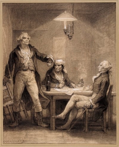 Le cabaret de la rue du Paon Illustration of one of the original editions of Victor Hugo Novel « Quatre vingt Treize», 1793 with Marat Danton and Robespierre.