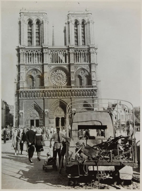 Notre-Dame Cathedral facade and forecourt during the liberation of Paris in August 1944, Paris, France.