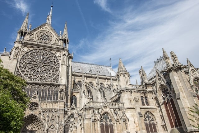 Gothic architecture at the south facade of Notre-Dame, Paris, France.