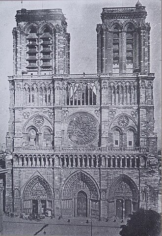 Photo of Notre-Dame Cathedral before1841. The cathedral is shown with all the damages of the French Revolution, before its restoration by architect Viollet-le-Duc.