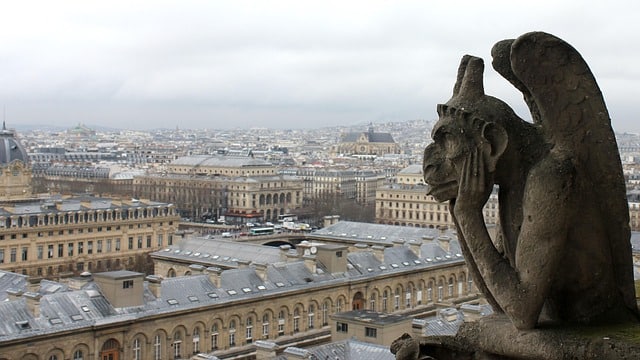 The Stryga or Thinker chimera at Notre Dame, a demon contemplating Paris with chin in hands. It is the most famous chimera.