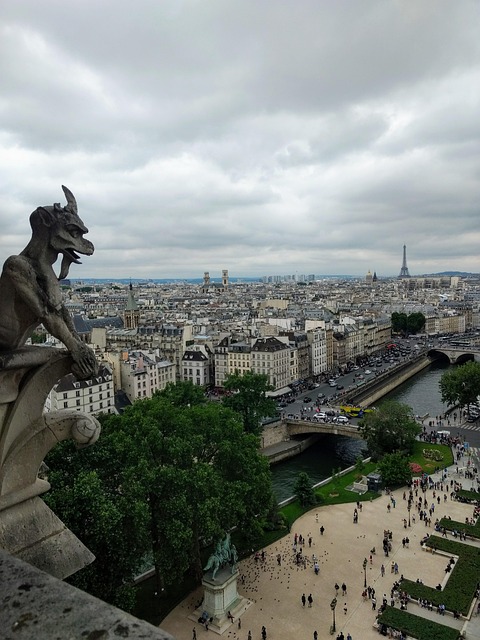 Panoramic view of Paris from Notre Dame with one of the most famous gargoyles (one of the demon ones) in the foreground.