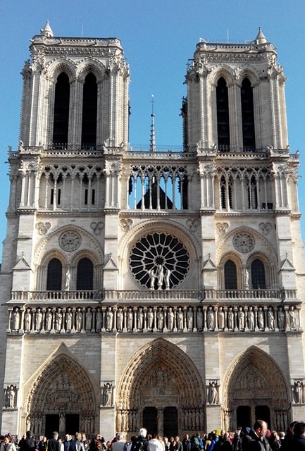 Modern-day facade of Notre Dame Cathedral with the Chimeras added by Viollet-le-Duc.
