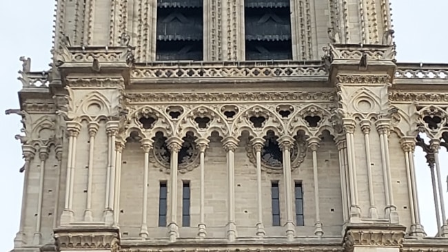 Notre Dame gargoyles viewed from the east of rue-du-Cloître-Notre-Dame.