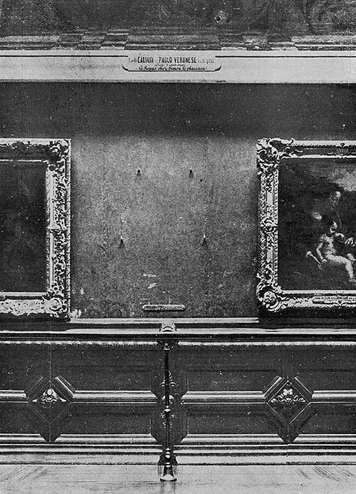 The empty wall in the Louvre where the Mona Lisa hung before its theft in 1911