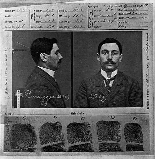 Mugshot photograph of Vincenzo Peruggia, the Italian handyman who stole the Mona Lisa in 1911.