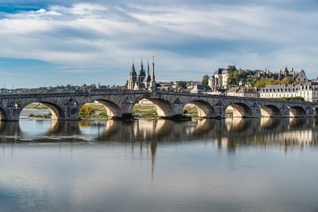View of Blois and its 18th century Gabriel Bridge from the south bank of the Loire River.