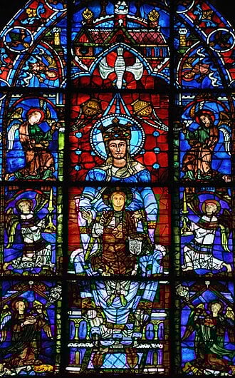 Notre-Dame de la Belle-Verrière stained glass window at Chartres Cathedral, c. 1180, showing the Virgin Mary enthroned with the Christ Child surrounded by seraphim in the distinctive pre-fire Chartres blue