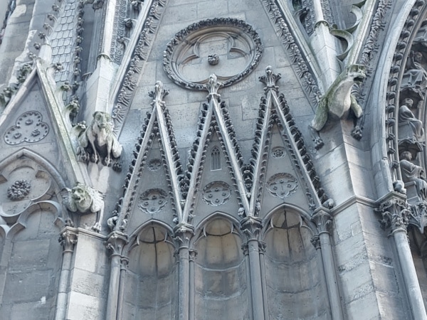 Notre Dame gargoyles viewed from the east of rue-du-Cloître-Notre-Dame.